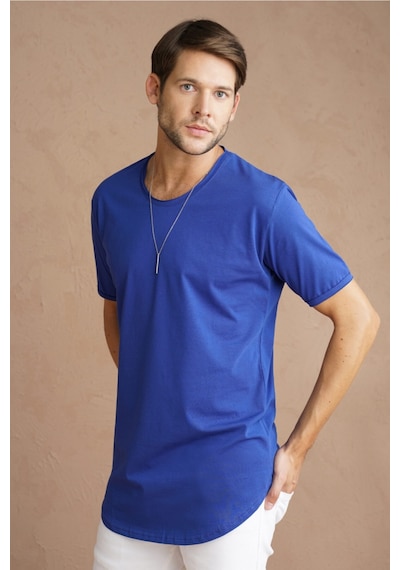 Cool Tarz Mavi Erkek Oval Kesim Slim Fit Pis Yaka Salaş T-shirt Mavi Mavi