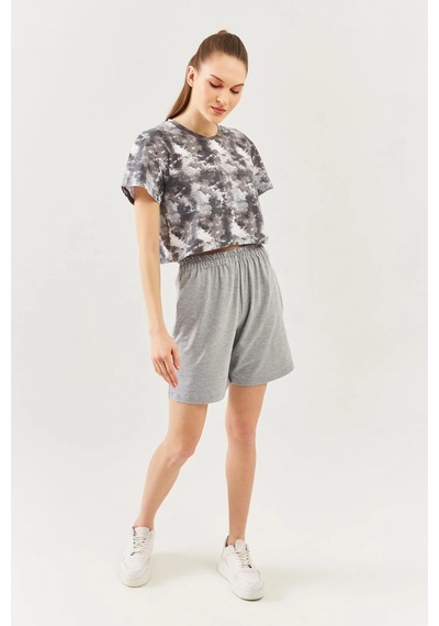 Kadın Oversize Rahat %100 Pamuklu Penye Bisiklet Yaka Kısa Kol Basic Crop T-shirt Batik Gri