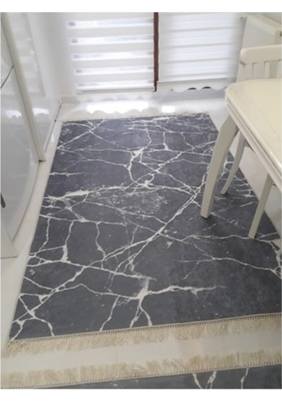 Gri Kaymaz Tabanlı Yıkanabilir Halı Kilim Yolluk Dijital Ba... Gri - Beyaz