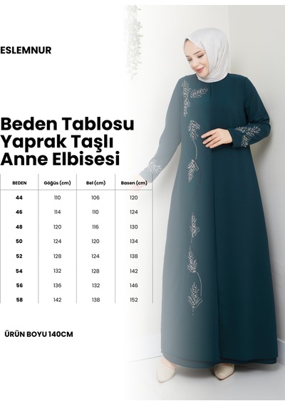 Eslemnur Büyük Beden Yaprak Taşlı Anne Elbisesi En7008 Mavi