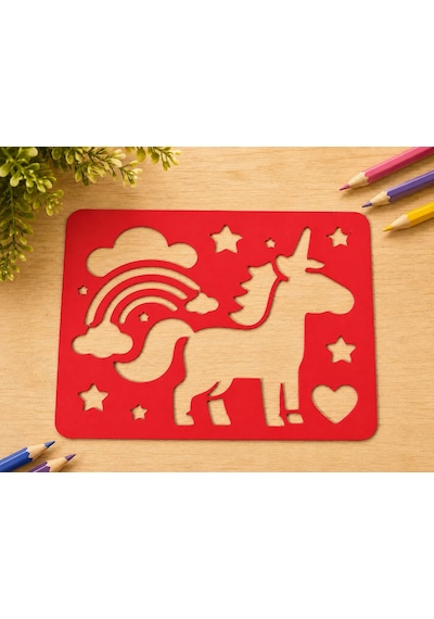 3d Baskı Unicorn Ve Gökkuşağı Çizim Şablonu - Desen Kalıbı - Kırmızı
