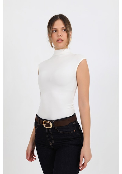 Hdm Kadın Ekru Yarım Balıkçı Sıfır Kol Yumuşak Örme Bluz - H6178