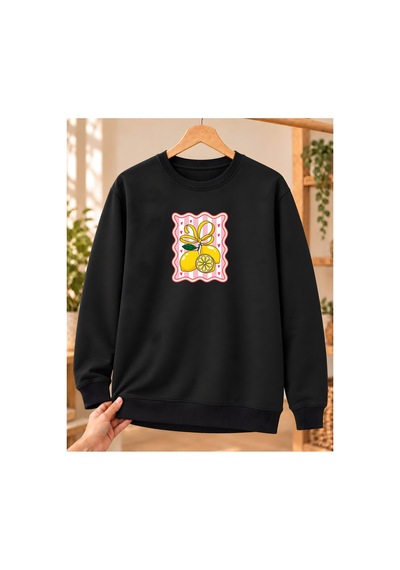 Mor Mürekkep Fiyonklu Limon Baskılı Kadın Bisiklet Yaka Sweatshirt - Siyah