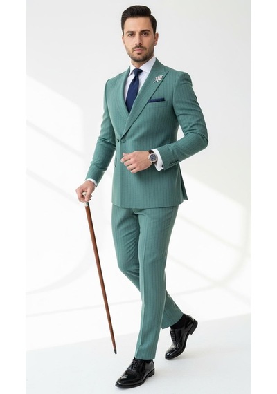 Erkek Slim Fit Çizgili Takım Elbise 2 Top Düğmeli, Çift Yırtmaçlı Modern Kesim Yeşil