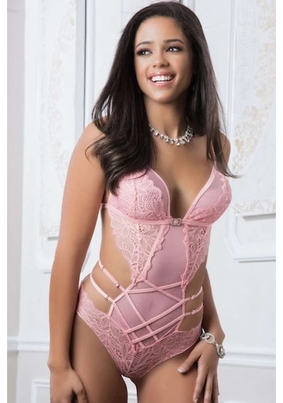 New Dreams Modern Tarz Dantelli Şık Elegant Tasarım Lacivert Jartiyer Gecelik Set Pembe