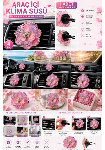 Pembe & Lila Mor Gold Varaklı Zirkon Taşlı Çiçek Araç İçi Klima Süsü