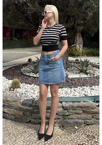 Seeh Lacivert Bisiklet Yaka Çizgili Kadın T-shirt Sh371 Baskılı