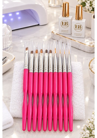 Tırnak Süsleme Fırçası Profesyonel Yüksek Kalite 10'lu Nail Art Fırça Seti - Pembe Protez Tırnak Fır Easy Beauty