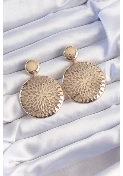 Pirinç Gold Renk Oval İşlemeli Küpe Altın