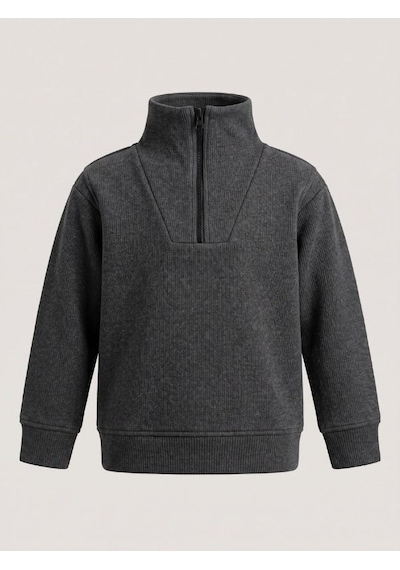 Zekids Çocuk Selanik Kumaş Yarım Fermuarlı Sweatshirt-17508 Füme