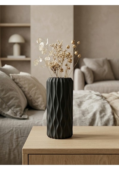 Kaveld Nysa Dekoratif Vazo El Yapımı Modern Minimalist Silindirik Vazo Mermer Tozu Ve Çimento Kompozit Ev Dekoru Siyah