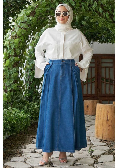 2288-denim Pileli Etek Koyu Mavi Koyu Mavi