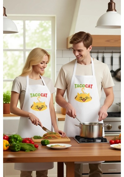 Kadın Unisex Mutfak Aşçı Önlüğü Taco Kedi Baskılı Komik Desenli R Beyaz