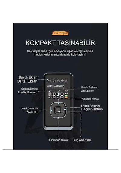 Auhma A7700 Jump Starter / Akü Takviye Cihazı 4'ü 1 Arada Powerbank, Hava Kompresörü, Lcd Ekran