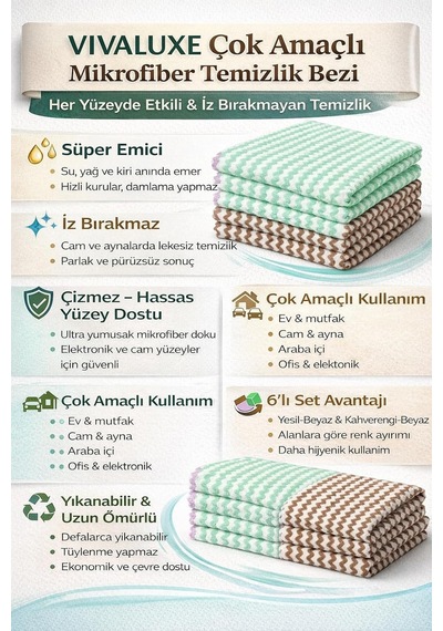 Çok Amaçlı Mikrofiber Temizlik Bezi, Süper Emici, İz Bırakmaz, Ev, Mutfak, Cam, Araba, Ofis Ve Genel Kullanım İçin, 6 Lı Set Yeşil,beyaz, Kahverengi,beyaz Asorti