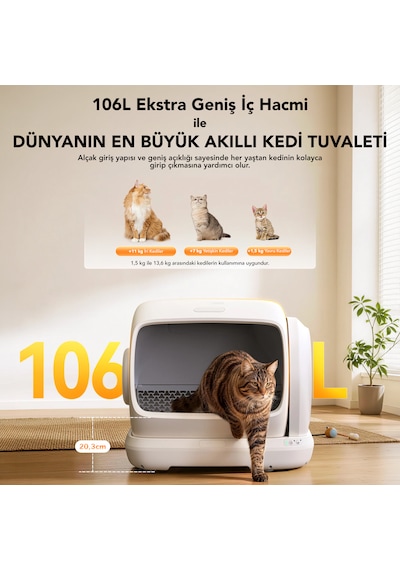 Ubpet C41 Akıllı Otomatik Kedi Tuvaleti, 106l Geniş Hacim, Mobil Uygulama, Otomatik Temizleme, Ağırlık Sensörü, 38db Sessiz Motor, Koku Hediyeli