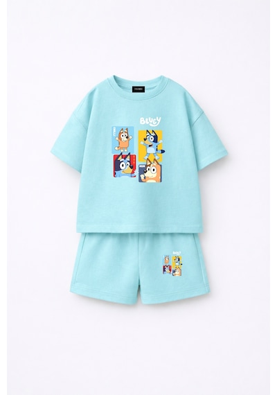 Fasardi Bluey Bingo Baskılı Oversize %100 Pamuk Tişört Şort Çocuk 2li Takım Bebek Mavi