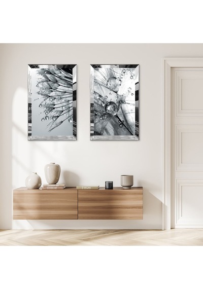 Gümüş Aynalı Pleksi Çerçeveli Gri Su Damlaları Ve Çiçekler Modern İkili Mdf Tablo Seti