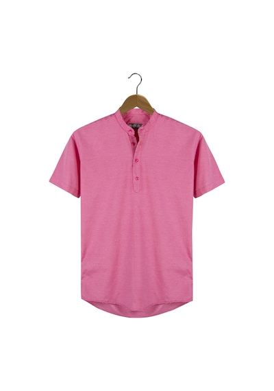Erkek Koyu Pembe Hakim Yaka Yarım Patlı Ekoseli Kısa Kollu Slim Fit Gömlek Koyu Pembe