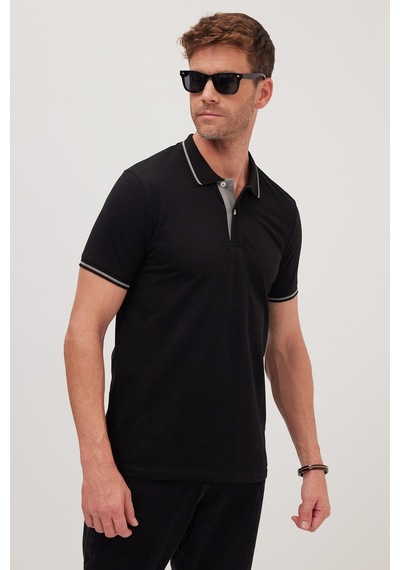Tudors Erkek Slim Fit Dar Kesim %100 Pamuk Yumuşak Dokulu Serin Tutan Kumaş Düz Pike Siyah Polo Yaka Tişört-42246 Siyah