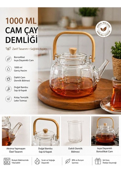 Bambu Kapaklı Kulplu 1000 Ml Borosilikat Çıkarılabilir Süzgeçli Cam Demlik Diğer