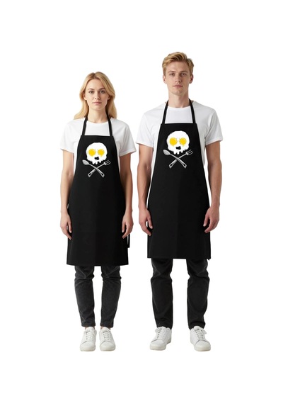 Erkek Unisex Aşçı Önlüğü Kuru Kafa Baskılı Mutfak Sanatçısı Motif Siyah