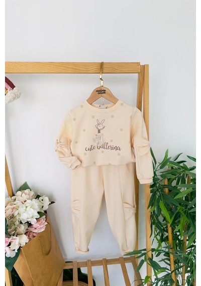 Miniğimin Cicileri Cute Balerina Desenki Fiyonk Detaylı Kız Çocuk 2 Li Takım - Krem