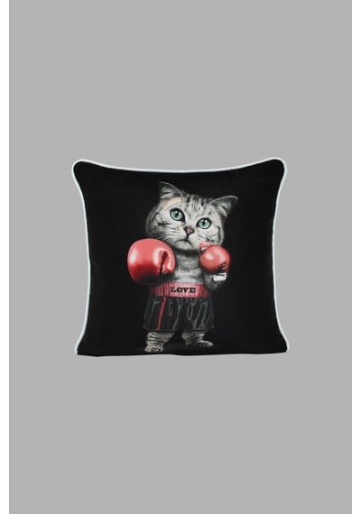 Kırlent Kılıfı Boksör Kedi Desenli 45x45 Raşel Örme Kadife Çift Taraflı Dijital Baskı Beyaz Biyeli Çok Renkli