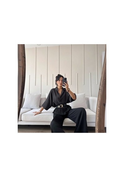 Feg Store Antrasit Yarasa Kol Duble Manşetli Modal Oversize Gömlek