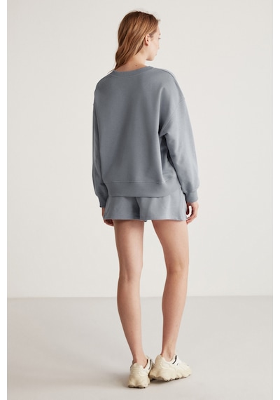 Grımelange Jennıfer  Kadın Organik Pamuklu Nakışlı Yuvarlak Yakalı Oversize Gri Sweatshirt