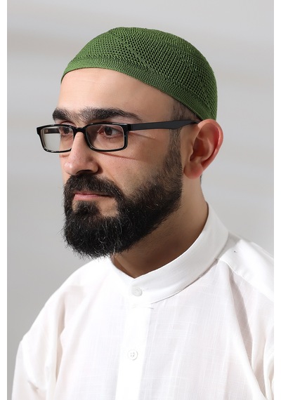 Fıstık Yeşili Dantel Detaylı Örme Gold Namaz Takkesi