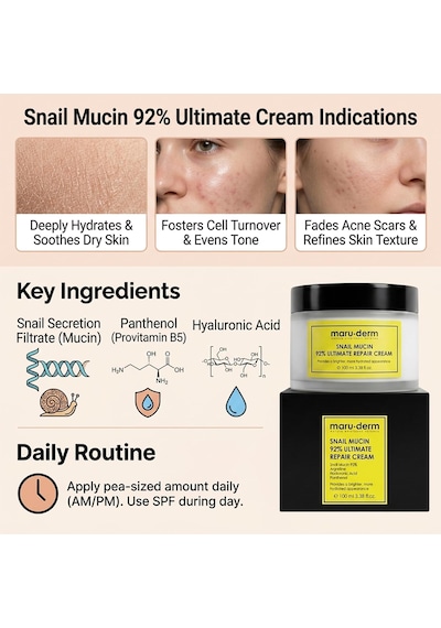 Maruderm Snail Mucin Ultimate Repair Cream %92 Salyangoz Özlü Yoğun Nemlendirici Ve Besleyici Yüz Kremi, Peptit & Hyalüronik Asit İle, 100 Ml