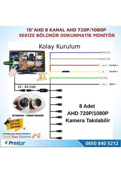 10 İnç 8 Kanal Dokunmatik Ahd 1080p/720p Kayıtlı Araç Monitörü 12-24v
