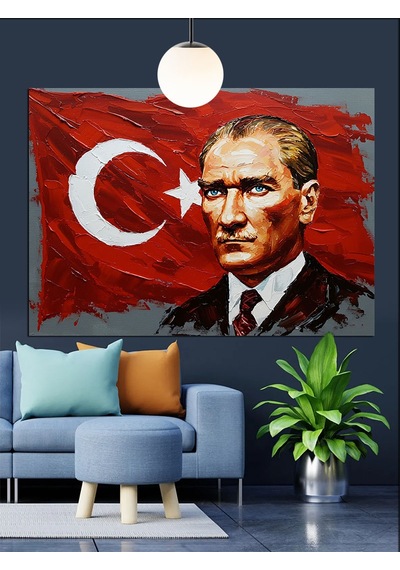 Türk Bayrağı Önünde Atatürk Dekoratif Kanvas - Mdf Ahşap Tablo