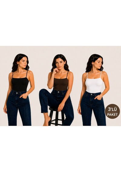 İngegno Body İp Askılı Standart Boy Viskon Ring Örme Kumaş Kadın Body 3 Lü Paket Beyaz - Siyah