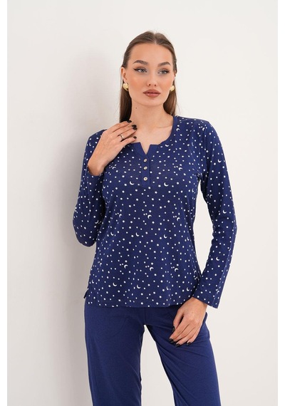 Çift Kaplan Kadın Pamuk Modal Yıldızlı Açık Patlı Lacivert Pijama Takımı 7005 Lacivert