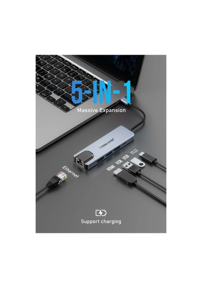 Lemorele Tc15, 5 İn 1 Usb Type-c Hub Çoklayıcı, Rj45 İnternet, 4k Hdmı, 100w Pd Şarj, 2x 3.0 Usb Çoğaltıcı