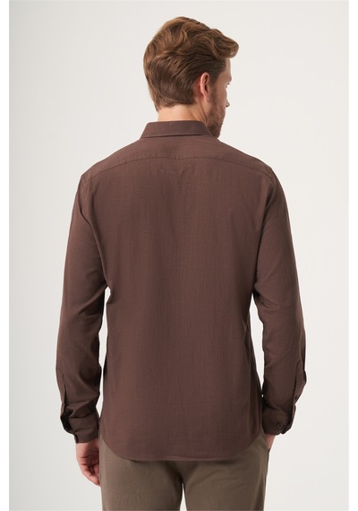İmza Kahverengi Biritli Yaka Uzun Kol Cepsiz Slim Fit Pamuklu Gömlek 1004260207
