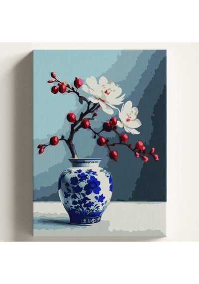 Sayılarla Boyama Tuval Hobi Seti Kiraz Vazo Temalı Fırça Ve Boya Dahil Set Çıtalı 40x50 Cm Kendin Yap Sayılarla Tuval Boya Kiti Kasnaklı