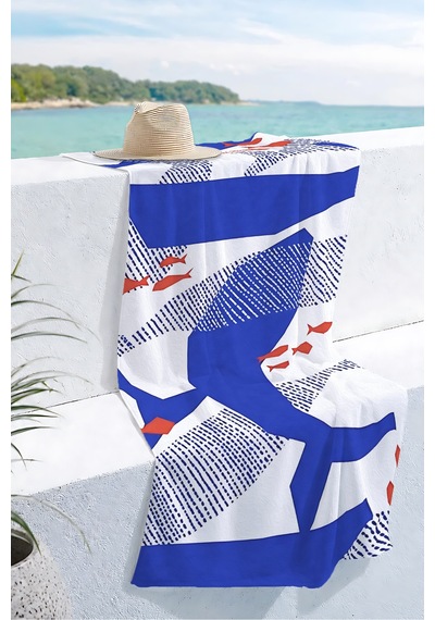 Modern Marine Balık Temalı Plaj Havlusu-lacivert Beyaz Nautical Stil Hızlı Kuruyan Mikrofiber Havlu Yumuşak Çayı