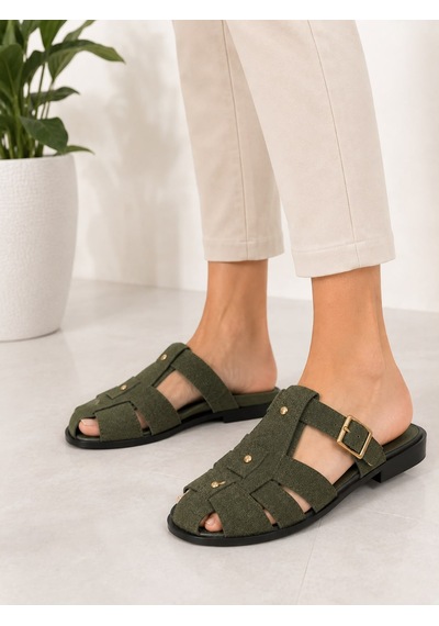 Papucumun Dünyası Kadın Kapalı Burun Süet Dokulu Tokalı Düz Taban Günlük Terlik Haki