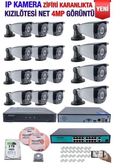 Ip Kamera Seti - 16 Ip Kamera - 16 Kanal Nvr - 16 Port Poe Switch, 3 Tb Disk, Gece Görüşlü Ir