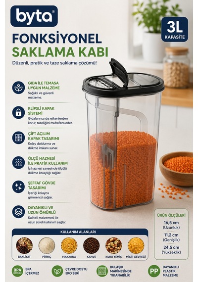 3 L Fonksiyonel Erzak Saklama Kabı Ölçü Hazneli Kapaklı Plastik Gıda Saklama Kabı Şeffaf Mutfak Organizeri Mor Mavi Pembe Siyah 1 Adet Karışık Renk Gönderilir Şeffaf
