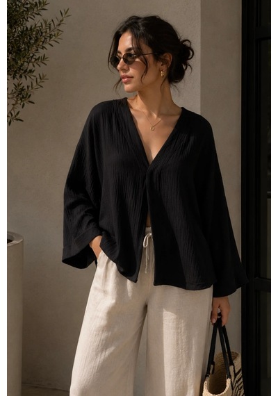Bbbutikbasic Kadın Müslin Oversize Bluz Salaş Kesim Yazlık Basic Ceket My3535 Siyah