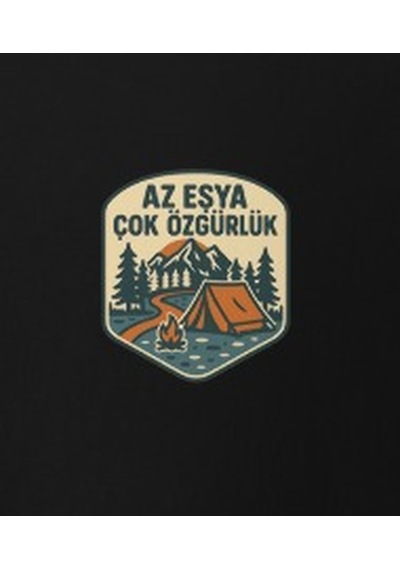 Wildstyle Az Eşya Çok Özgürlük Renkli Kamp Doğa Minimalist Baskılı Unisex Bisiklet Yaka Pamuklu Tişört Siyah