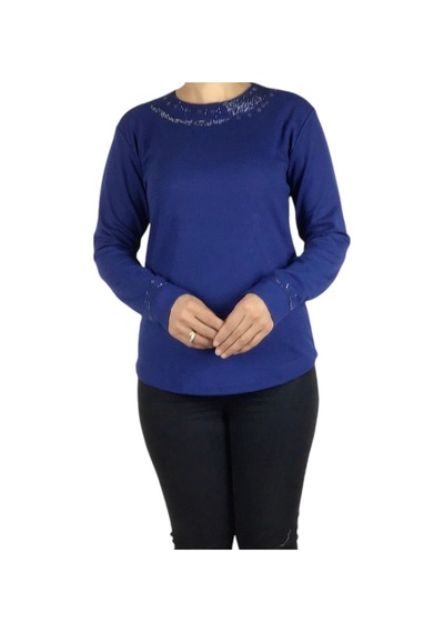Ece giyim Kadın Yakası Ve Kolları Taşlı Spor Bluz Mavi