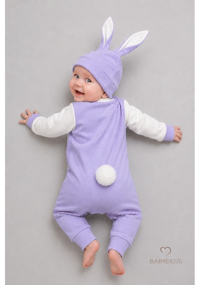 Babyden's Tavşan Kulaklı Yenidoğan Tulum Seti %100 Pamuklu Ayarlanır Ponponlu Kız Bebek Tulum Şapka Set Lila
