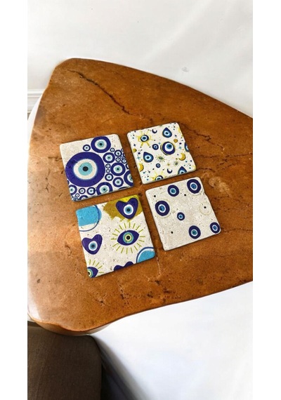 Doğal Taş Bardak Altlığı Nazar Boncuğu Baskılı 4'lü Set - Evil Eye Stone Coasters Çok Renkli