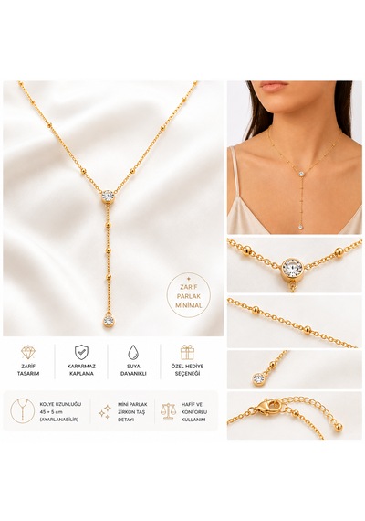 Zirkon Taşlı Gold Y Kolye Altın