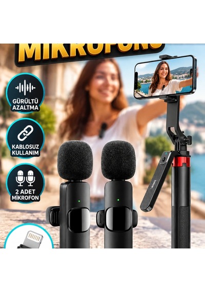 Çift Kablosuz Yaka Mikrofonu Ve Tripodlu Selfie Çubuğu Seti Lightning Uyumlu, Gürültü Azaltma